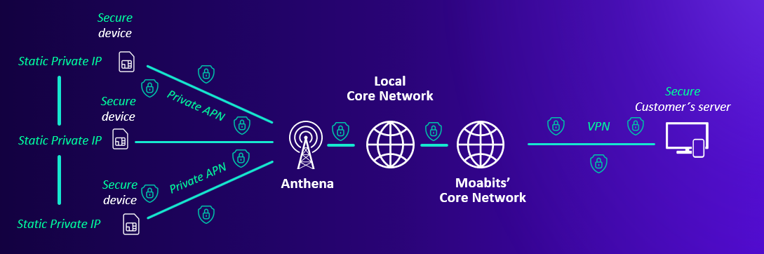 Orion Private & Dedicated Network diagram showing private IoT connectivity with VPN integration and private APN