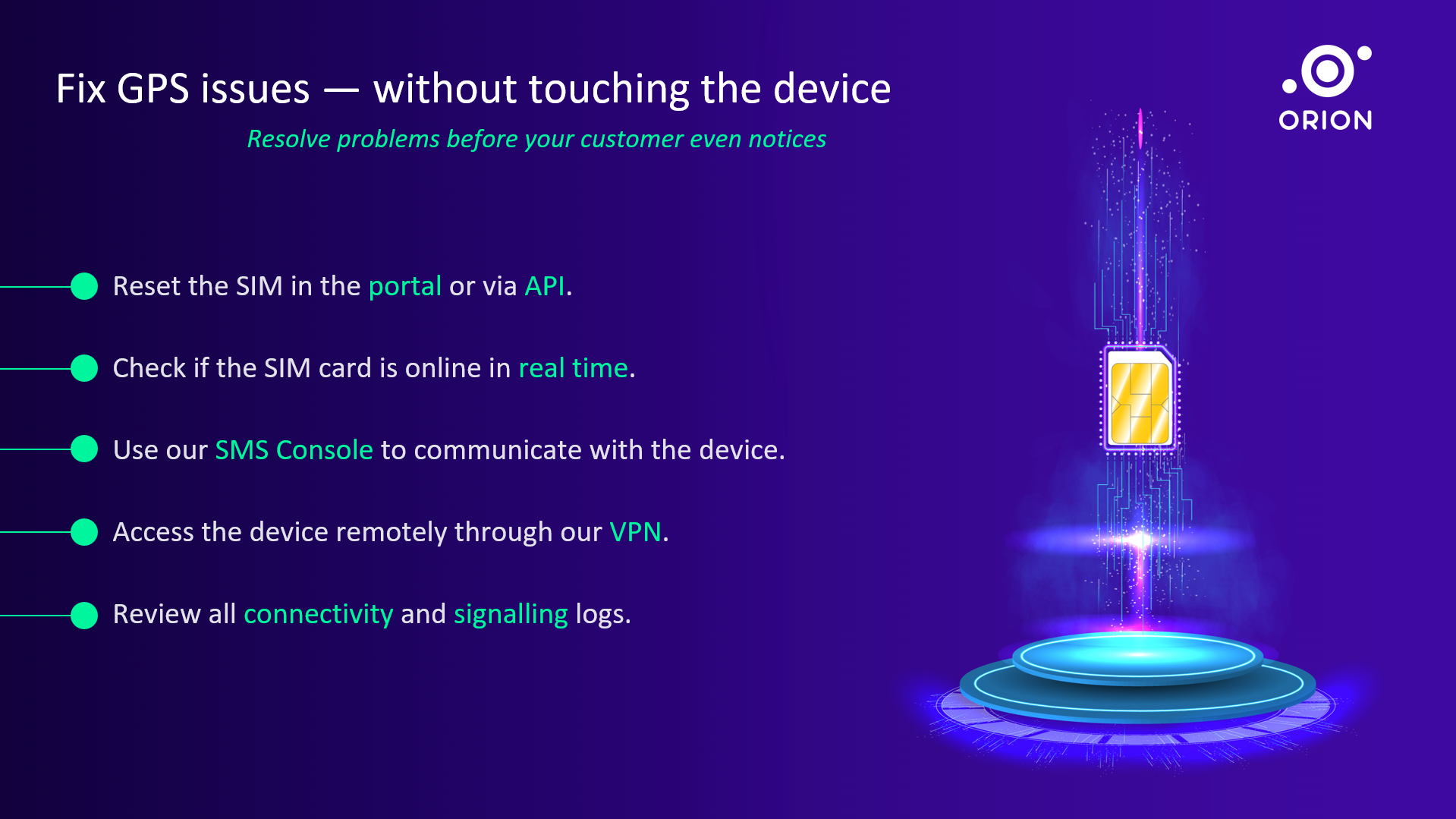 Moabits Orion platform remote troubleshooting interface for GPS tracker IoT connectivity management